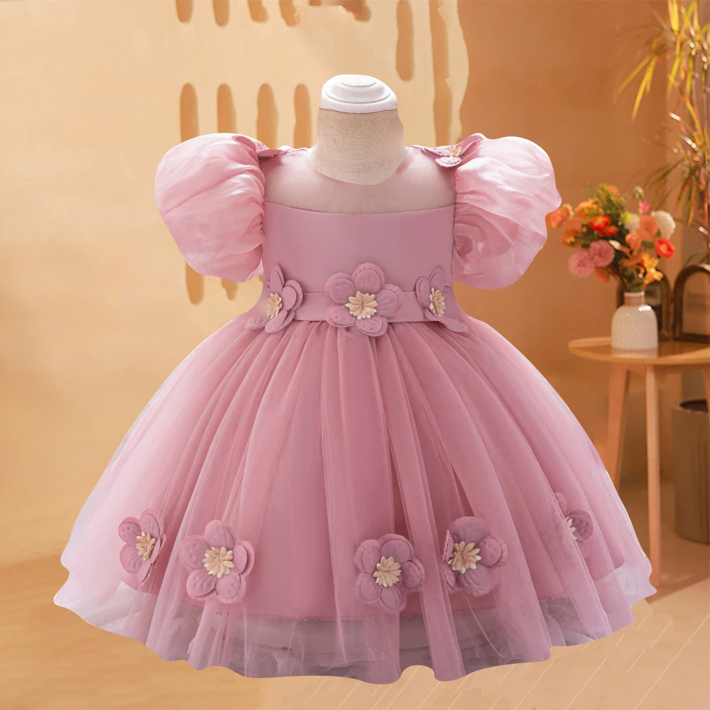 Flauschige Sommer rosa Blume Kleidung Baby Mädchen Spitze Geburtstags feier Kleid Kleinkind Mode Abend Abschluss ball Kleid Kinder Hochzeit Kostüm Image