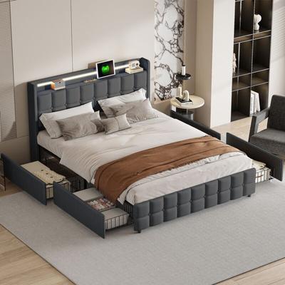 Eifson - Polsterbett 160x200 cm mit USB-Aufladung und LED-Beleuchtung, mit 4 Schubladen, viel Image