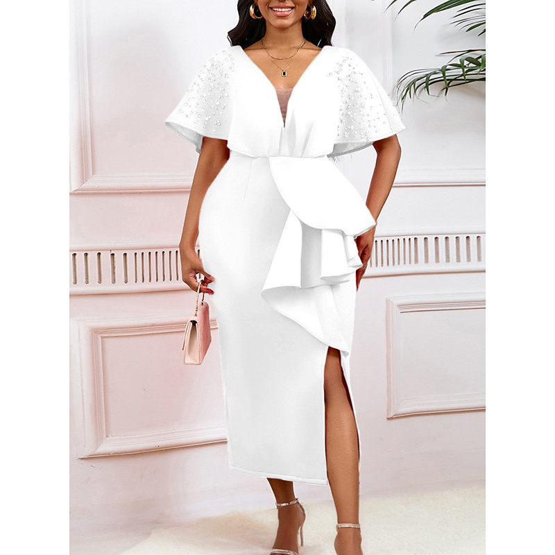 Kentucky DerbyWomen's Midi Dress Bodycon Dress Puff Sleeve Dress Elegant Formal Cocktail Formal Party Wedding Guest Regular Fit Graphic Short Sleeve V Neck Black White Yellow Red Summer