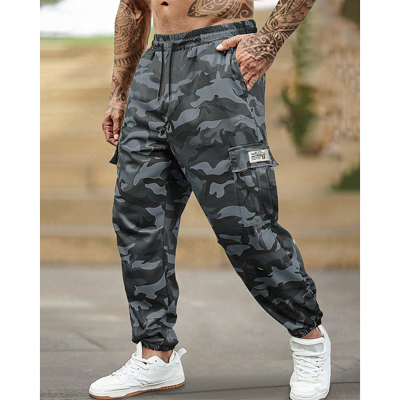 Men's Cargo Pants Trousers Drawstring Elastic Waist Multi Pocket Camo Camouflage Wearable Outdoor Daily Camping Hiking Fashion Classic Green Khaki