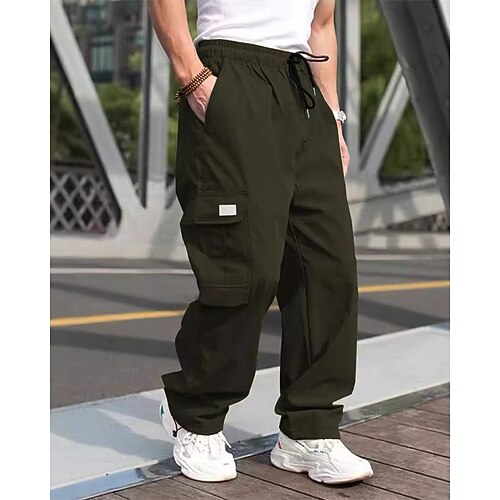 Herren Cargohose Cargohosen Hose Hosen Kordelzug Elastische Taille Multi Pocket Glatt tragbar Outdoor Täglich Campen und Wandern Modisch Klassisch Schwarz Armeegrün Image