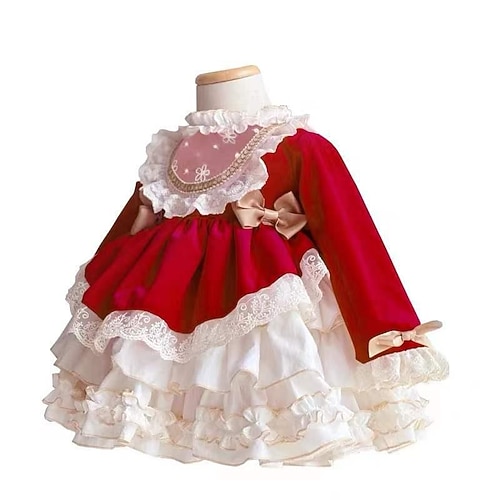 kinderkleidung Mädchen Kleid Lolita Kleid Farbblock Langarm Leistung Party Spitze Patchwork bezaubernd Kostüm Polyester Knielang Spitzenkleid Casual kleid Sommer Frühling 4 Jahre Rosa Wein Rote Image