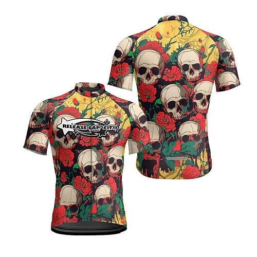 Herren Radtrikot Schädel Kurzarm Fahhrad T-Shirt Trikot mit 3 Gesäßtaschen Mountainbike MTB Schnelltrocknend Anatomisches Design Feuchtigkeitsableitend Atmungsaktiv Sport Schwarz Gelb Armeegrün Image