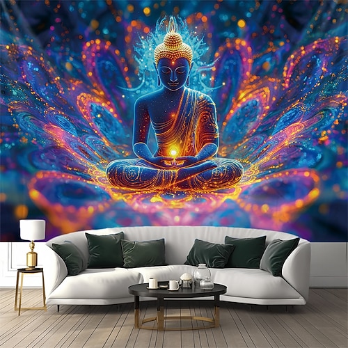 Schwarzlicht Wandteppich Leuchten im Dunkeln Glow Party UV reaktiv trippy neblig Buddha Natur Landschaft hängende Wandteppich Wandkunst Wandmalerei für Wohnzimmer Schlafzimmer Image