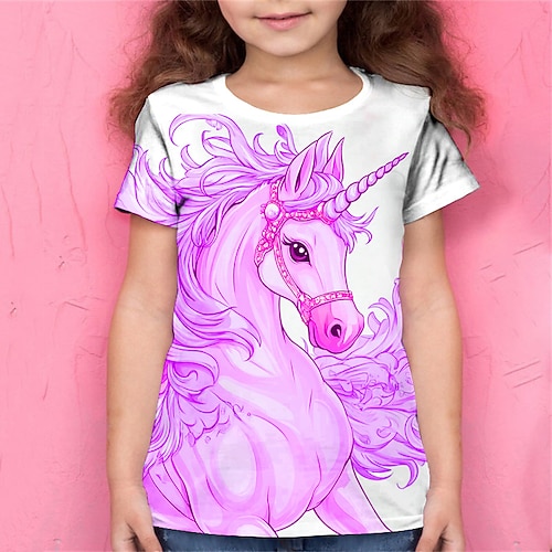 Mädchen 3D Graphic Einhorn T-Shirt Kurzarm Sommer Frühling Modisch Basic kinderkleidung 4-12 Jahre Rundhalsausschnitt Outdoor Casual Täglich Regular Fit Image