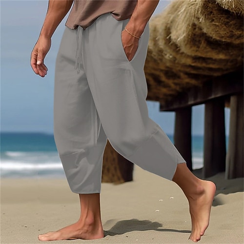 Herren Leinenhose Caprihose Tasche Kordelzug Elastische Taille Glatt Komfort Atmungsaktiv Wadenlänge Urlaub Täglich Festtage Hawaiianisch Boho Armeegrün Schwarz Image