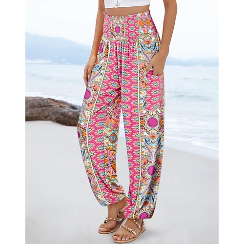 Damen Stoffhosen Baggy-Hosen Alltagstauglich Chino Volle Länge Hohe Taille Mehrfarbig Geometrie Tasche Drucken Hoher Schnitt Bequem Unelastisch Alltagstauglich Blau Rot orange Schwarz Weiß Sommer Image