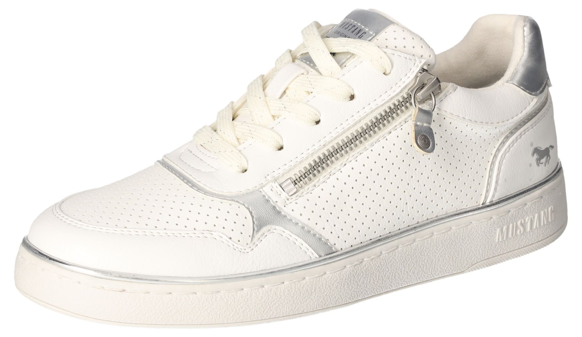 Sneaker MUSTANG SHOES, Damen, Gr. 42, silber (sanftes weiß, silberfarben), Lederimitat, glänzend, Schuhe Sneaker, Plateausneaker, Schnürschuh mit Reißverschluss