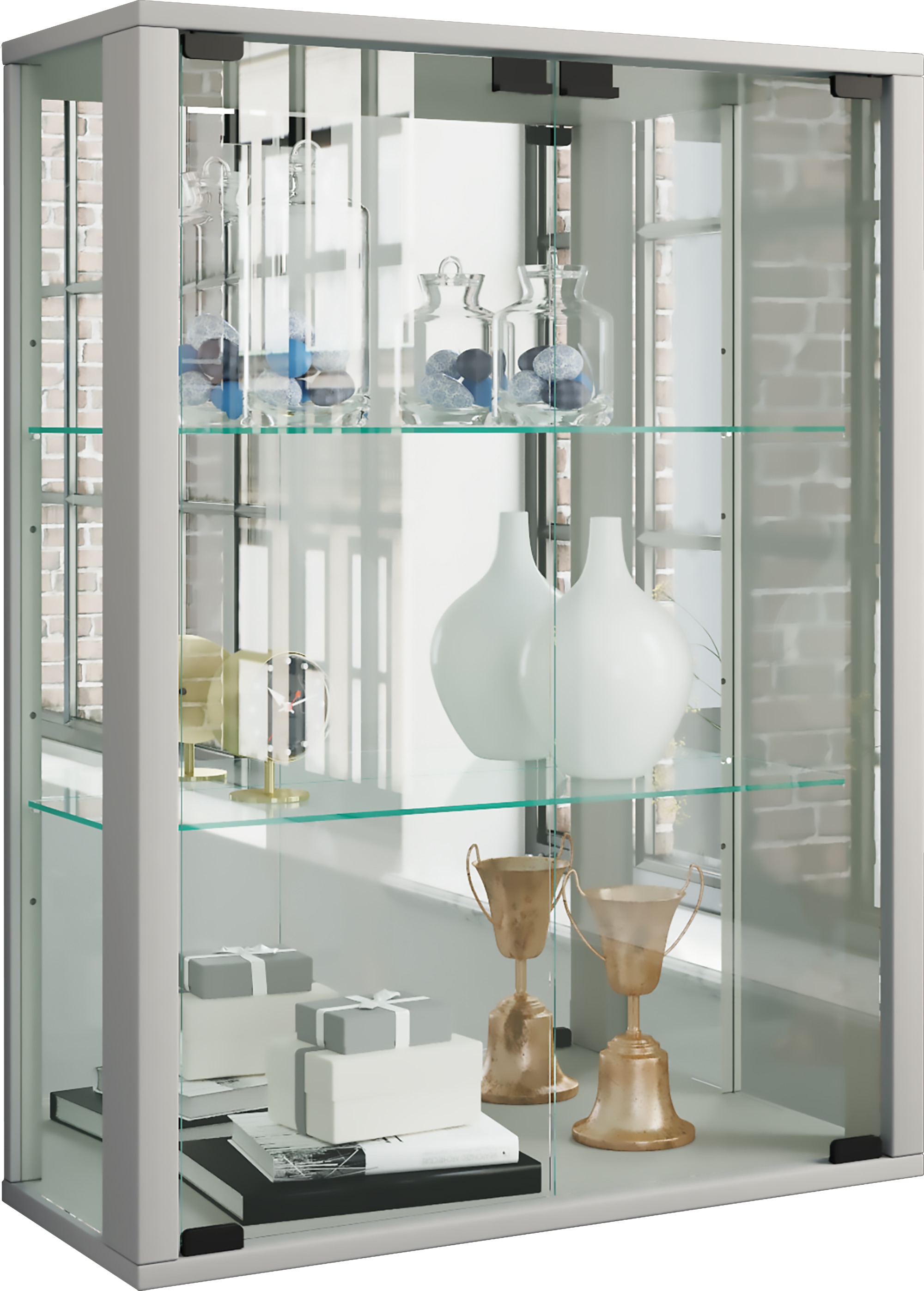 Wandregal VCM "VCM Glasvitrine hängend Vitrine Glas mit ESG-Sicherheitsglas Maße ca. H. 80 x B. 60 x T. 25 cm Hängevitrine Glas Modern und platzsparend Glas Vitrinenschrank - Udina Spiegel" Gr. 60, silber, B:60cm H:80cm T:25cm, Regale, Wandregal