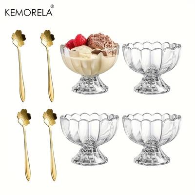 TEMU 4/6pcs Kemorela Microwave Safe Glass Dessert Bowls With Spoons, 5 Oz Tulip-shaped Flower Pattern Serving Dishes, Clear Glass Dessertware Set Image