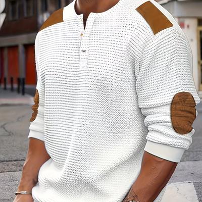 TEMU Men's Textured Waffle Fabric Henley Shirt With Contrasting Color Block And Metallic Buttons, Casual Long Sleeve Henley For Fall/winter, Casual Wear Henley | Ribbed Detail Shirt | Elastane Fabric Image