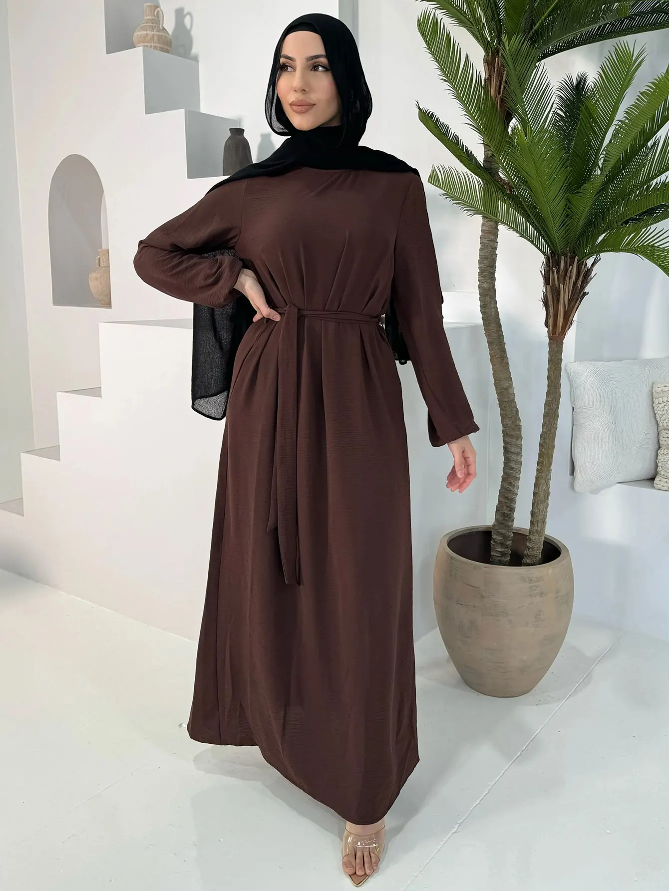2025, elegante Kaffeefarbe, Abaya, Damenbekleidung, bescheidenes Kleid, Dubai, Kaftan, Islam-Robe, Marocain Femmes, Musulmane mit Gürtel-Design Image