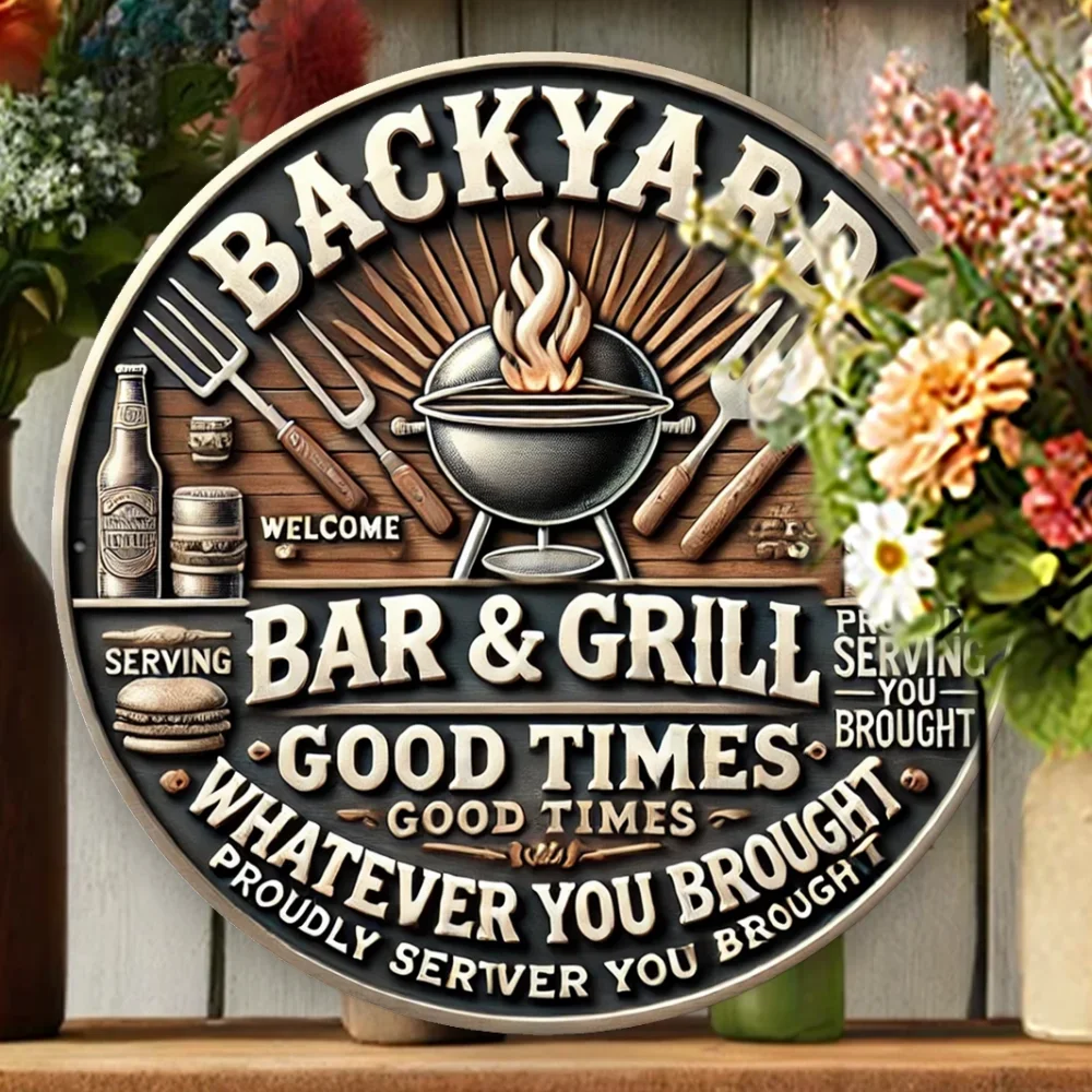 Dieses runde Schild mit einem klassischen Barbecue – Biermotiv, ein Muss – ein Artikel zum Fichten über Ihre Hausbar und gemütliche Terrassenräume. Image