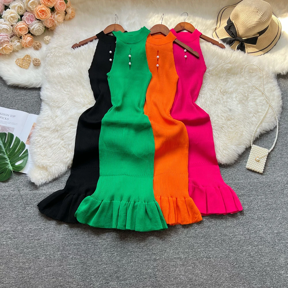 YuooMuoo Chic Mode Sexy Paket Hüften Rüschen Bodycon Kleid Frauen Sommer Dünne Elastische Gestrickte Party Kleid Dame Outfits Vestido Image