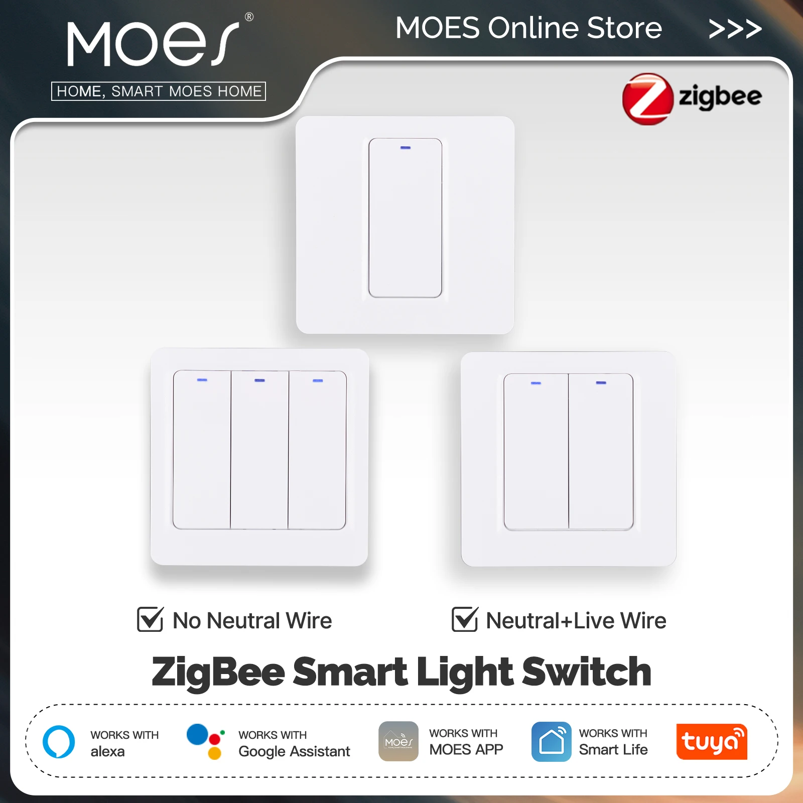 MOES ZigBee Smart Lichtschalter Tuya Neutralleiter optional | Magnetisches Relais | App/Sprachsteuerung | Funktioniert mit Alexa und Google Home Image