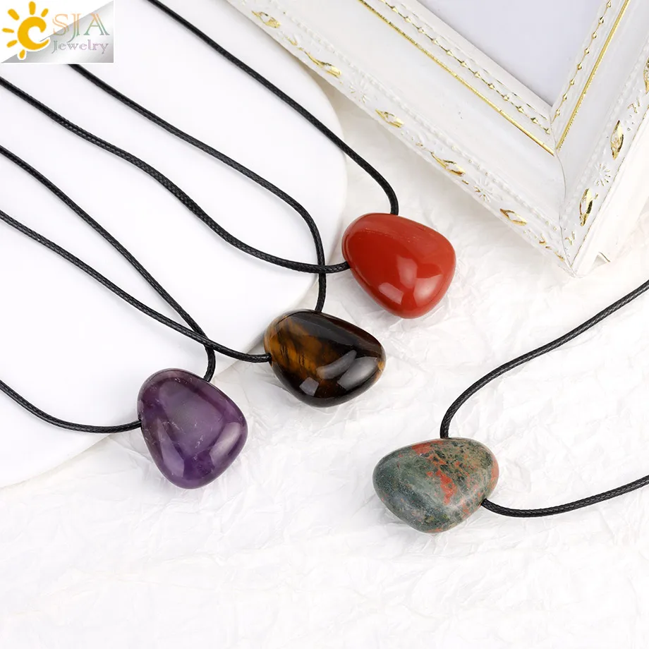 CSJA Naturstein Taumeln Anhänger Halskette für Mann Heilkristall Amethyste Tigerauge Schwarzer Obsidian Rosenquarz Lapis H551 Image