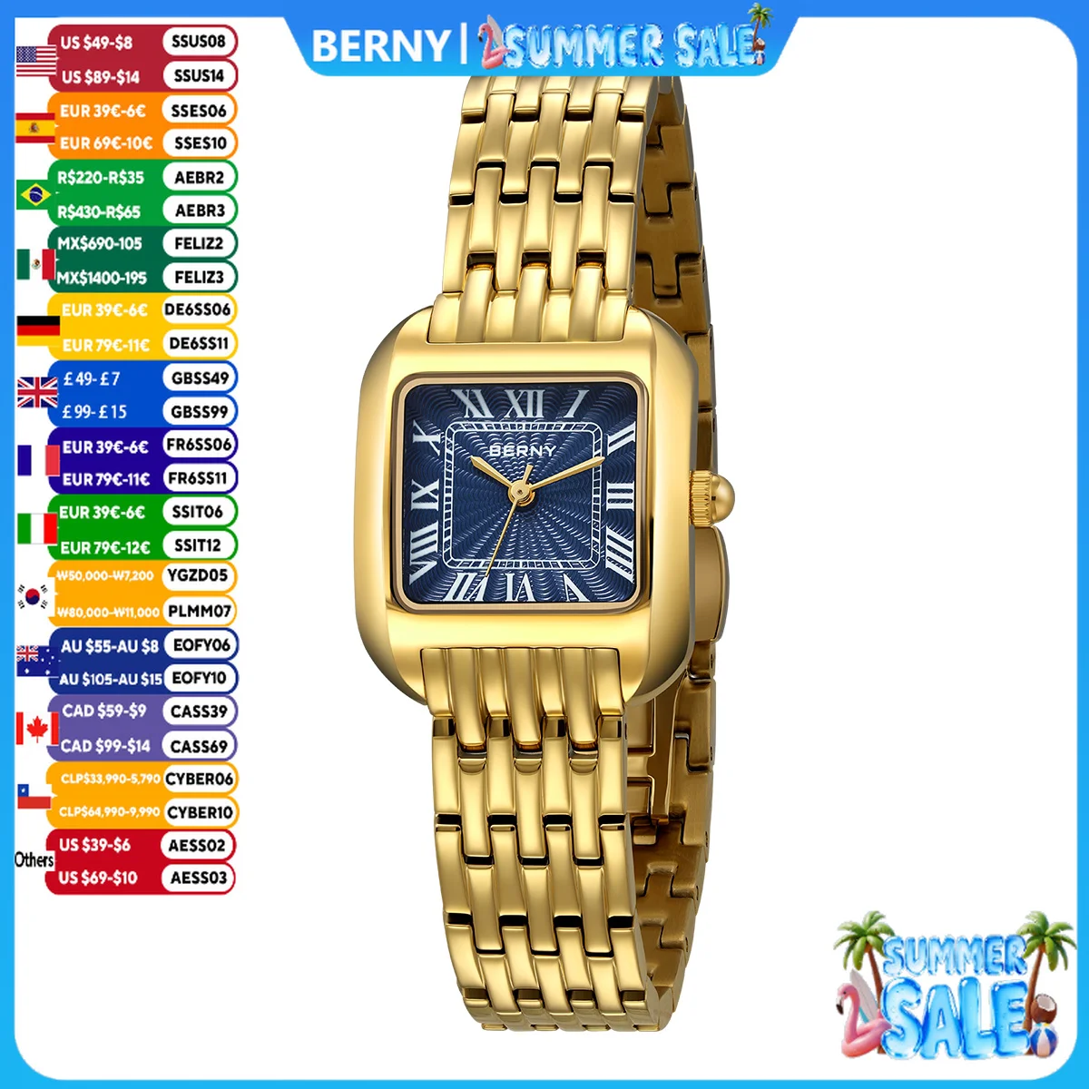 BERNY Golduhr für Damen, Luxusmarke, quadratische Damen-Quarzuhren, neu in Top-Qualität, modisch, elegante Business-Armbanduhr S/S
