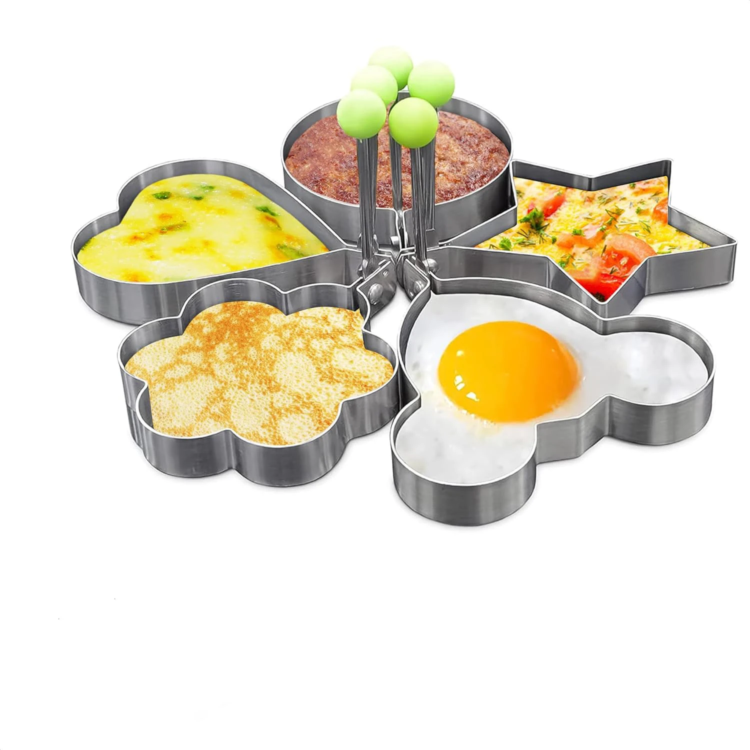 5 Stück Edelstahl-Eierringe-Form mit Griff, runde Antihaft-Pfannkuchen-Omelettform für Bratpfanne, Eierformer für Zuhause und Küchenartikel Image