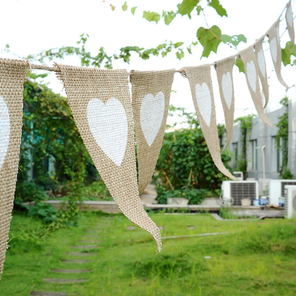 Vintage hessische Ammer Liebe Herz rustikale Sac kleinen Banner Stoff Stoff Flaggen Wimpel Banner für Garten Party Weihnachten Geburtstag Image