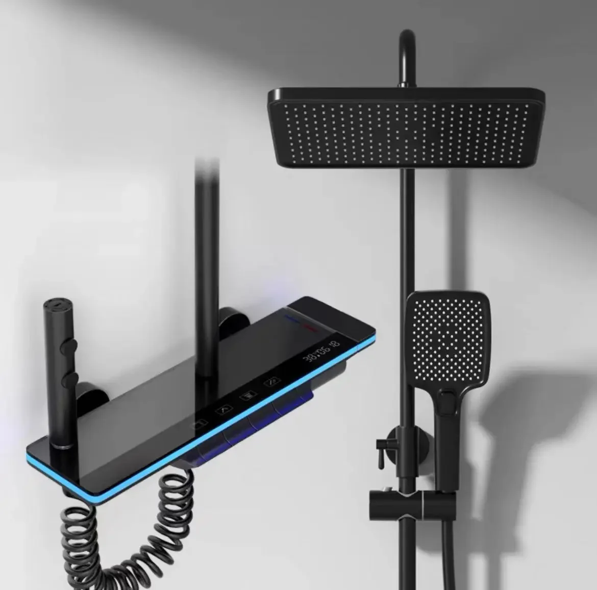 Bad Luxus Dusch armatur System mit Lichtern gehärtetes Glas Dusch set Digital anzeige Kupfer mischer Dusch armatur Set