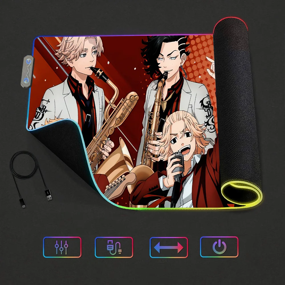 Mousepads Gaming MousePad LED Tokyo Table Anime Pads Revengers Backlit Rubber Desktop XXL RGB Desk Micro USB Image