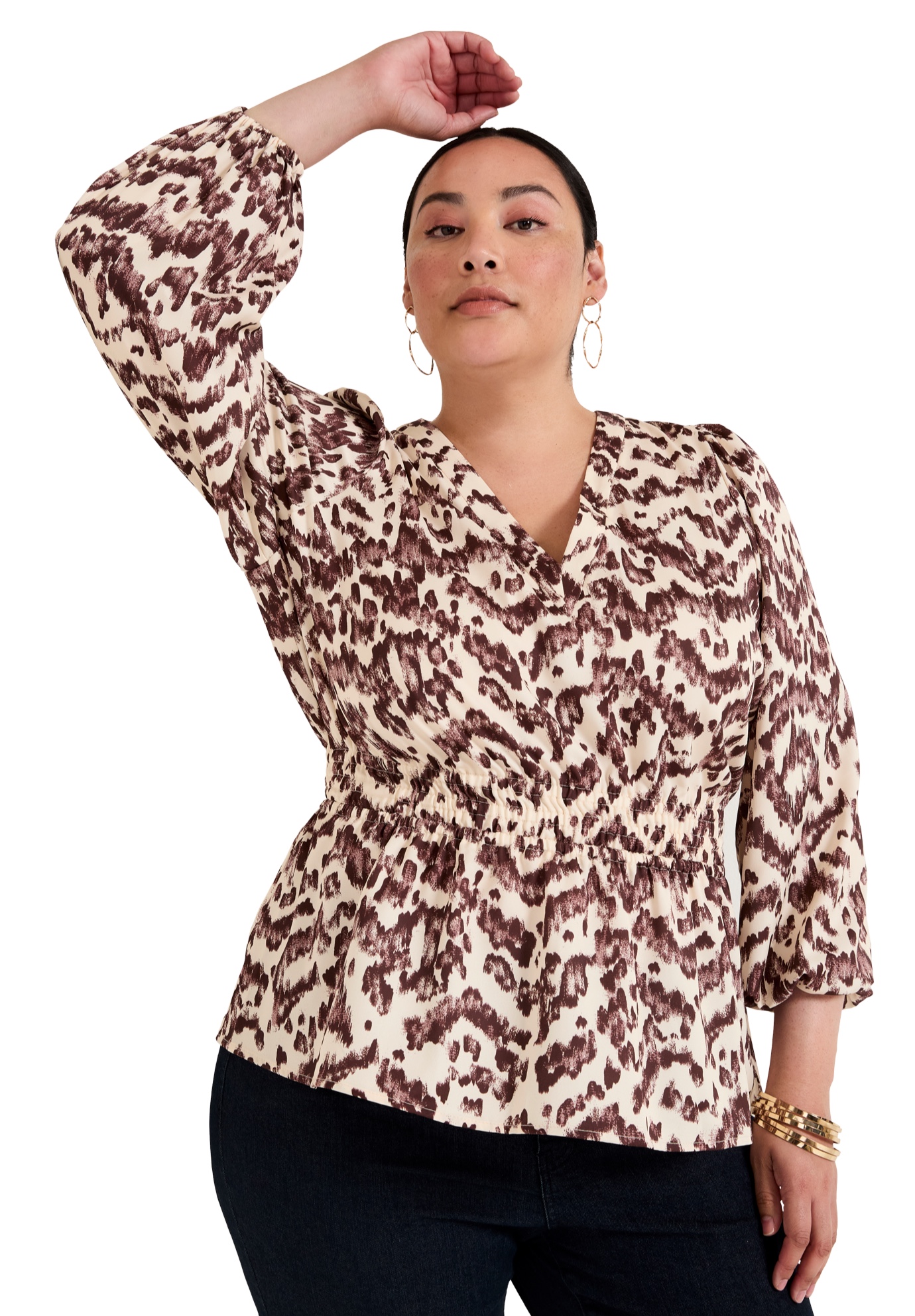 Plus Size Women's Puff-Sleeve Peplum Blouse by June & Vie in Botanical Texture Chocolate (Size 14/16)