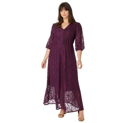 Plus Size Women's Blouson-Sleeve Lace Maxi Dress by Roaman's in Dark Berry (Size 18/20)