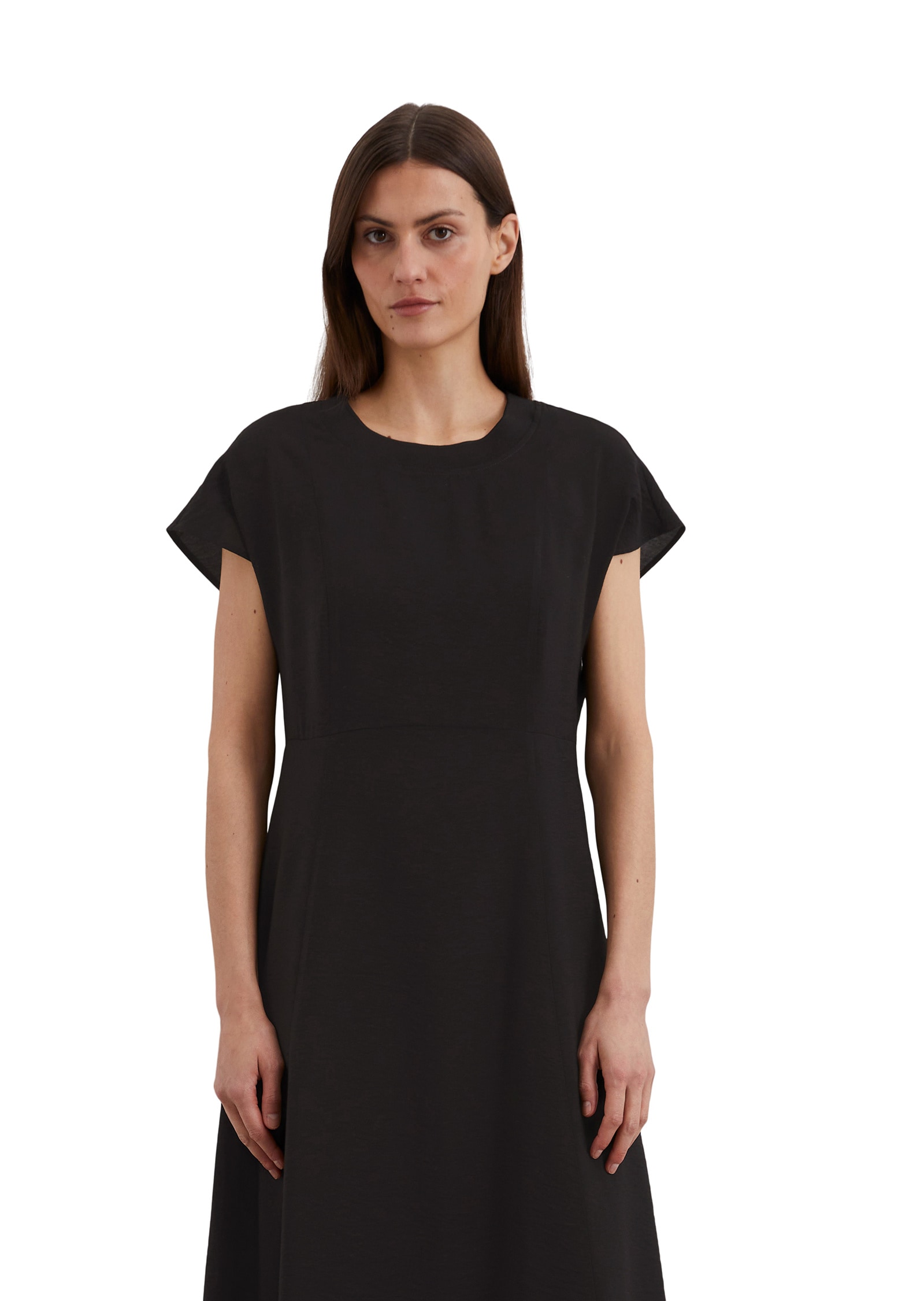 Midikleid MARC O'POLO "aus LENZING™ ECOVERO™", Damen, Gr. 38, Normalgrößen, schwarz (m990), Obermaterial: 83% Viskose, 17% Polyamid, unifarben, wadenlang, Kleider Midikleid