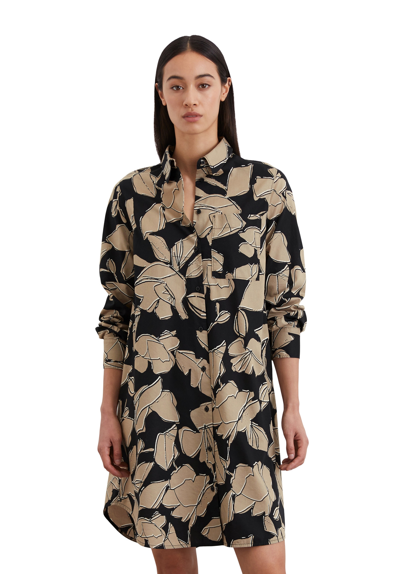 Hemdblusenkleid MARC O'POLO "mit TENCEL™ Lyocell", Damen, Gr. 34, Normalgrößen, bunt (me49), Obermaterial: 60% Baumwolle, 40% Lyocell, bedruckt, relaxed fit knielang, Manschette, Kleider