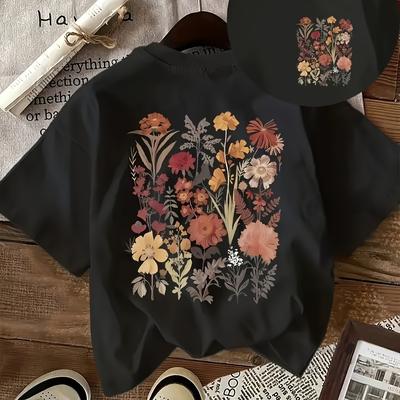 TEMU Women's Retro Geometric Floral Print T-shirt - Breathable Polyester Round Neck Short Sleeve Top, Machine Washable Summer Casual Shirt With Vibrant Colors , Relaxed Fit Tee, Floral Pattern Tee Image