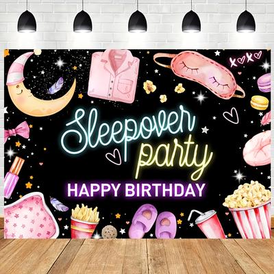 TEMU Girls' Pink Slumber Party Backdrop, Polyester Happy Birthday & Movie , Colorful Pajama Theme Photo Booth Banner With , Fit, No Electricity Needed