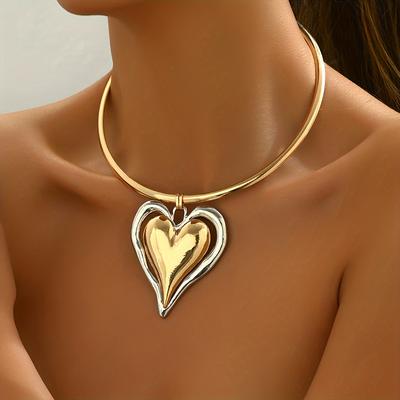 TEMU A Simple And Stylish Glossy Fine Collar Necklace With A Two-tone Heart Pendant, Ladies' Daily Parties. Image