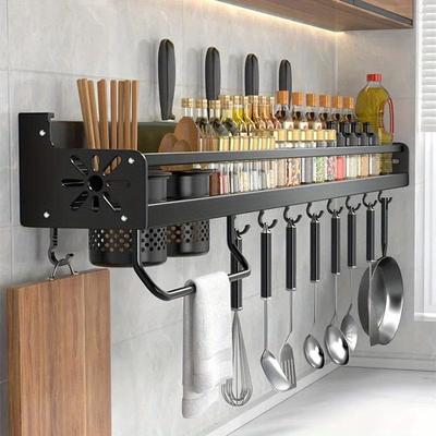 TEMU Kitchen Wall-mounted Spice Storage Rack With Hooks, Hanging Tableware & Utensils Holder, Household Space Saving Storage Organizer For Kitchen, Bathroom, Home, Kitchen Accessories