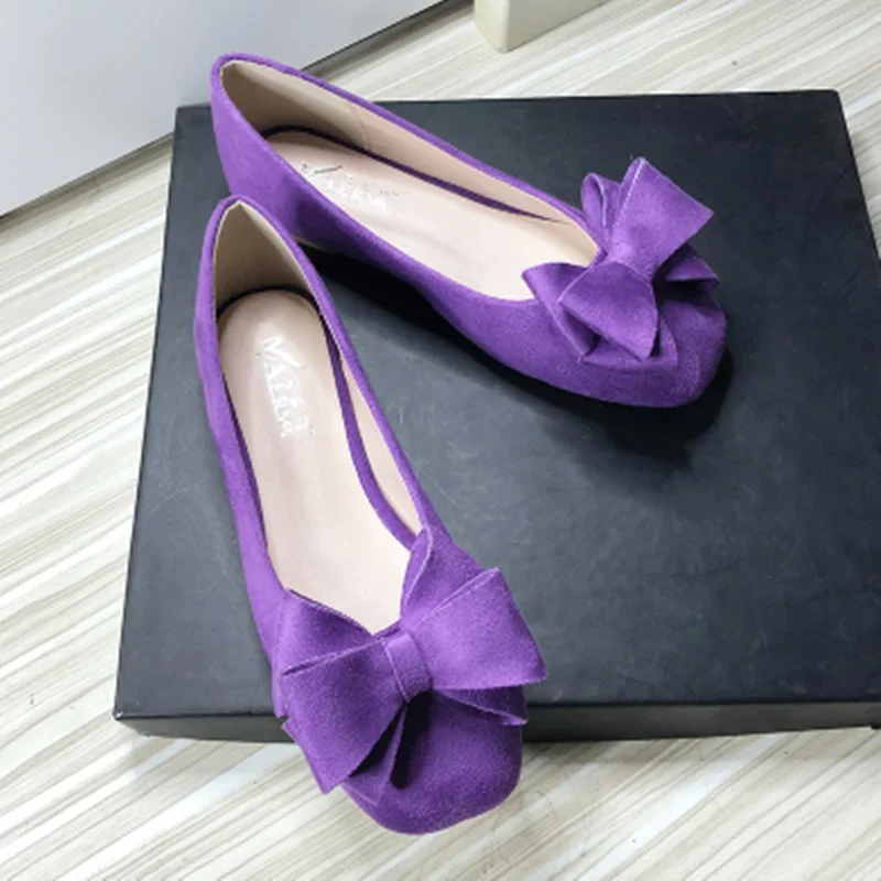 Femme Süße Große Schleife Wohnungen Flock Slip-Ons Für Zarte Füße Lila Grün Schuhe Karree Ballerina Weiche De mujer Beige Sohle 33-48 Image