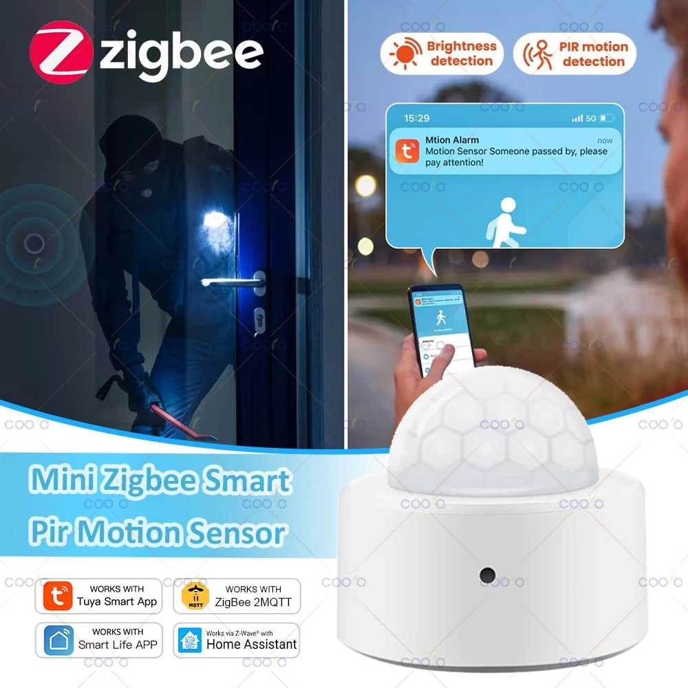 Tuya 2-in-1 Zigbee Mini-PIR-Bewegungsmelder + helles Lux-Licht, passive Infrarot-Sicherheit, Einbruchmelder, Sensor, App-Fernbedienung Image