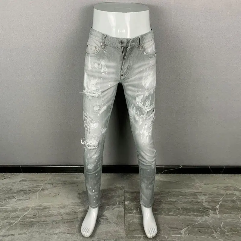 High Street Fashion Männer Jeans Retro Grau Stretch Slim Fit Zerrissene Jeans Männer Gemalt Designer Hip Hop Marke Denim Hosen Hombre