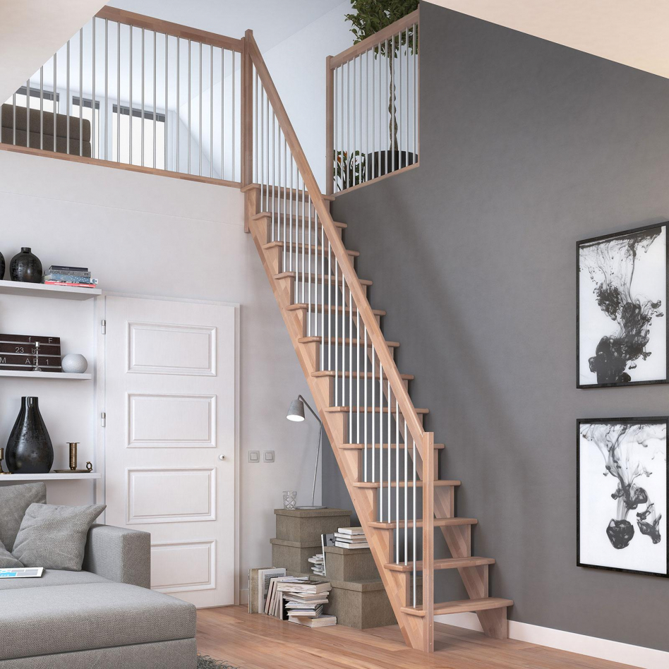 DOLLE Raumspartreppe Wangentreppe Lyon, 75 cm, Buche,Geradelaufend,Metallstäbe links,versiegelt Image