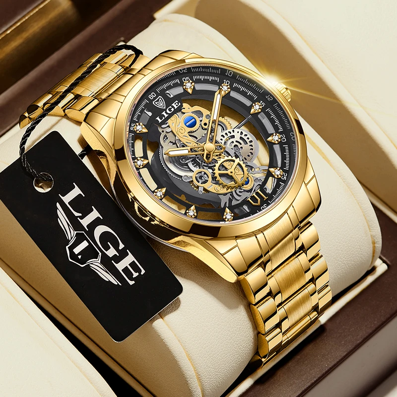 2024 LIGE Men Watch Skeleton Automatic Quartz Watch Gold Skeleton Vintage Man Watch Mens Watches Top Brand Luxury часы мужские