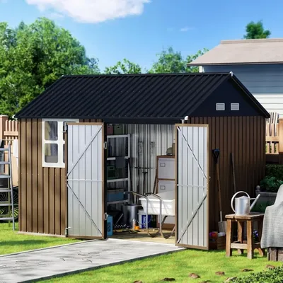 10X8FT Outdoor Steel Storage Shed with Lockable Doors, One Big Window,Ideal for Garden, Backyard,