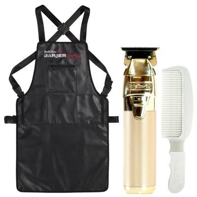 BaByliss Pro FXONE GOLDFX Interchangeable-Battery Trimmer FX799G + Babyliss Pro Barber Apron + Wahl Flat Top Comb