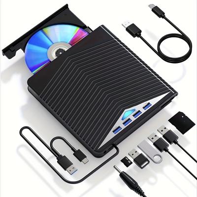 TEMU Ultra-thin External Cd/dvd Drive With Type C Usb, 4 Ports And Led Indicators - Reader, Burner, Recorder, Suitable For Laptops, Support Sd/tf Card