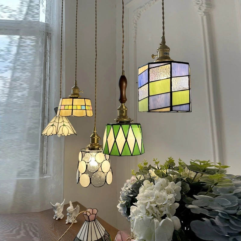 Amerikanische Retro Messing Tiffany Pendel leuchte Schlafzimmer Kopfteil Esszimmer Bar Theke Flur Foyer Gast familie Hängelampen Decke Kronleuchter Wohnzimmer Restaurant Schlafzimmer Balkon LED Pendel