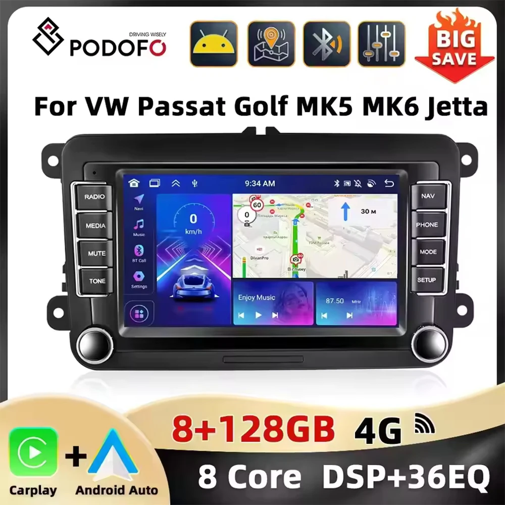 Podofo 7'' 8+128G Car Radio For VW/PASSAT/TOURAN/GOLF/POLO Multimedia Player 8Core Carplay Android Auto GPS Navigation WIFI 4G Image