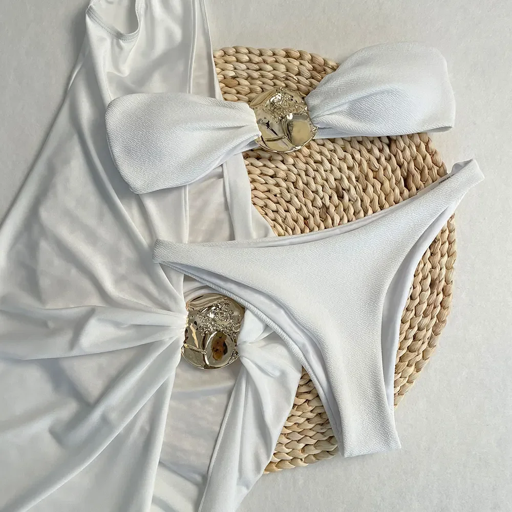 Badeanzug für Damen, Sommer, 3-teiliges Bikini-Set, sexy Strand-Bademode-Set, Bandeau-Bikini, solide Strandmode, Vertuschungen, langes Maxikleid Image