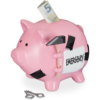 Relaxdays - Sparschwein mit Hammer, Emergency Aufschrift, abschließbare Spardose, Keramik, hbt: Image