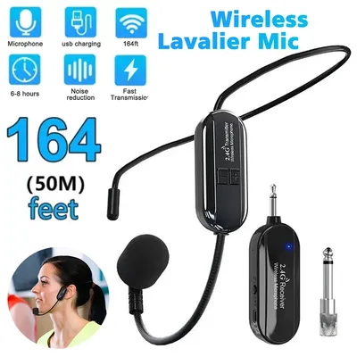 Wireless 2.4G Microphone Head Mounted Wireless Lavalier Set Transmitter Receiver 2 In 1 Rechargeable