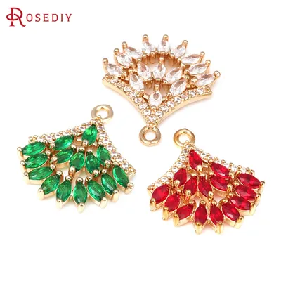 4PCS 18K Gold Color Brass and Zircon Fan Tree Leaf Charms Pendants Diy Jewelry Making Necklace Earrings Accessories for Women