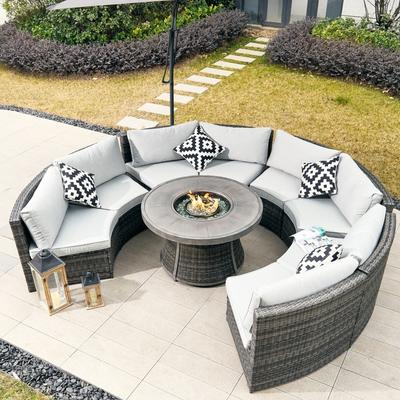 Modern 9-piece Outdoor Iron Rattan Conversation Set with Removable Cushions and Aluminum Fire Pit Table