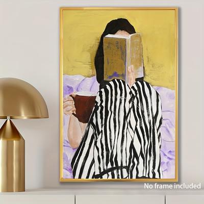 TEMU 2d Contemporary Bohemian Canvas Wall Art, Abstract Woman Reading With Coffee Poster, Indoor Decor For Living Room, Bedroom, Office, Coffee Shop, Bar, , Bathroom, Ideal Holiday Birthday Gift