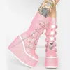 Multi Farben Schnalle Dekor Vergoldung Plattform Stiefel kniehohe Frauen Schuhe Keil absatz Roman